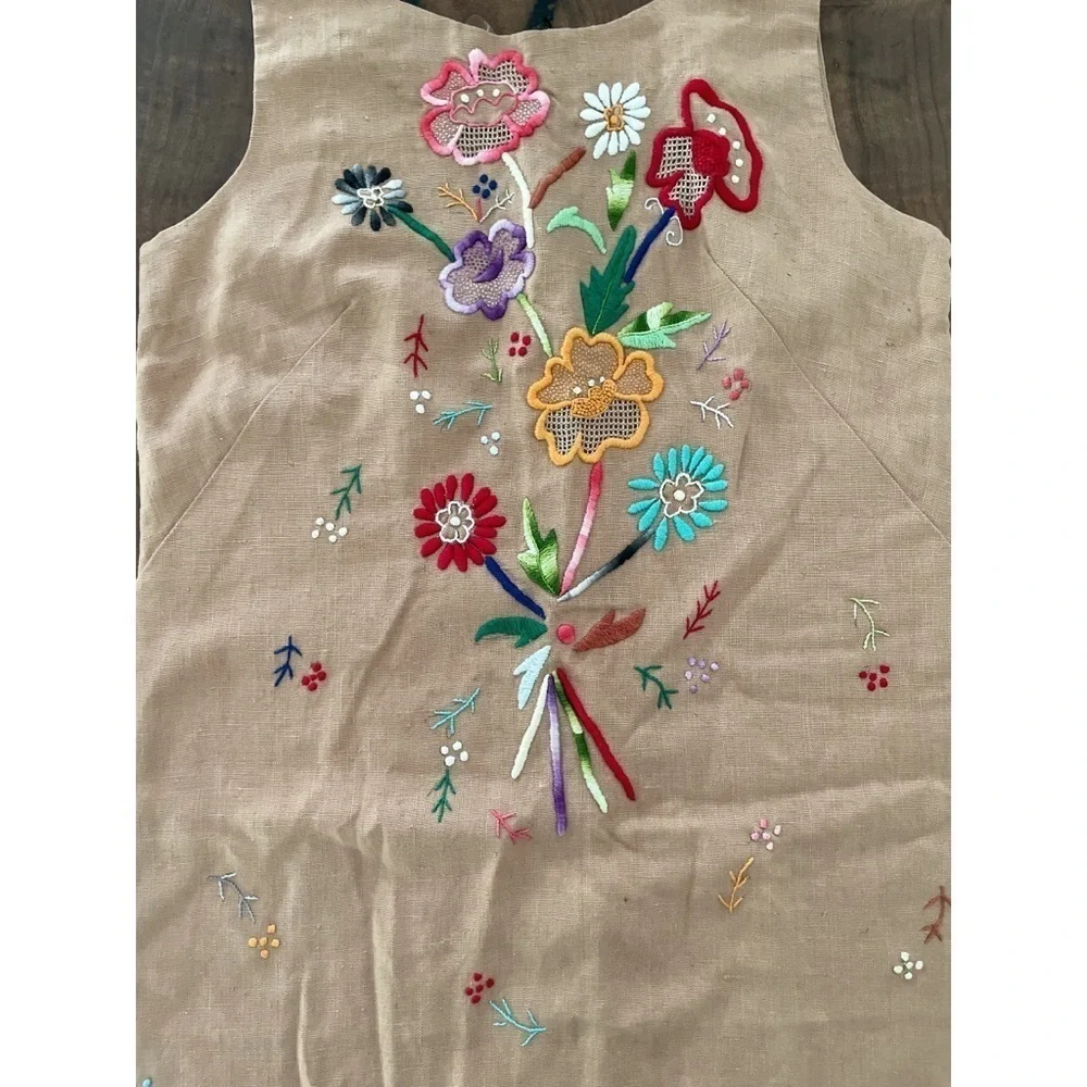 Vintage 60’s 70’s Hand Stitch Embroidery Floral Colorful Garden Sheath Tan Dress - Picture 10 of 15